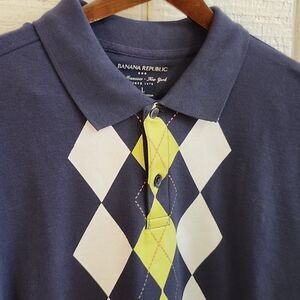 BANANA REPUBLIC Men's Short Sleeve Cotton Polo Navy w/Diamond Graphic Large